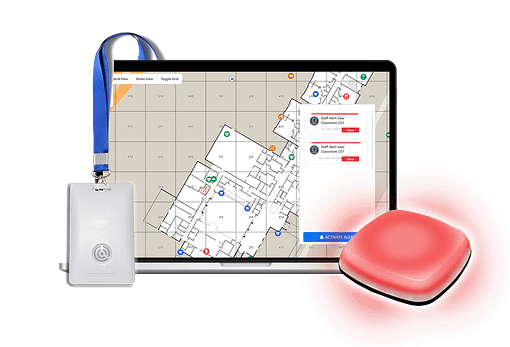 REDKOI badge alongside a campus mapping interface showing live alerts